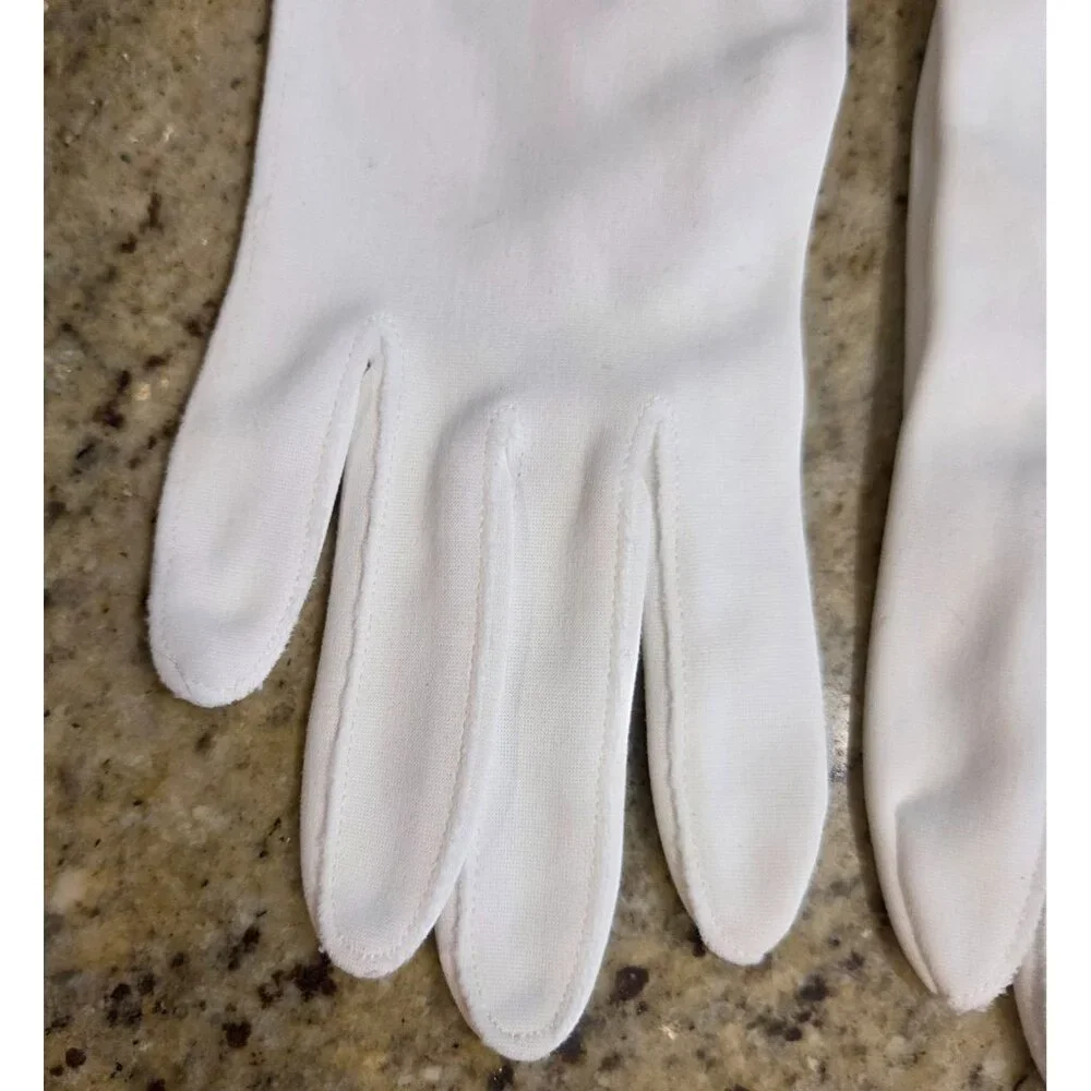 Vintage Womens Size S 6.5 White Nylon Formal Short Gloves Bow Scallop Pretty